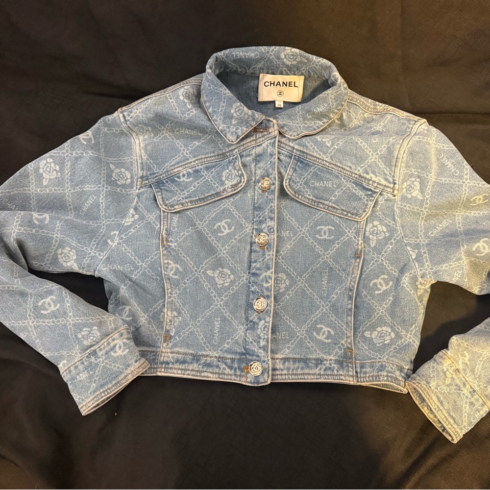 CHANEL Light Blue Logo Patterned Denim Jacket